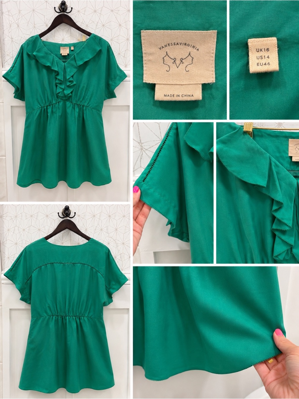 Anthropologie Vanessa Virginia 100% Silk Green Ruffle Blouse Size 14